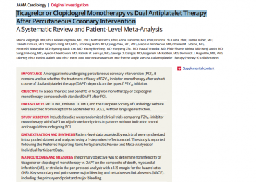 Đơn trị liệu bằng Ticagrelor hoặc Clopidogrel và liệu pháp kháng tiểu cầu kép sau can thiệp mạch vành qua da