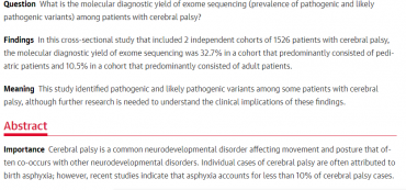 Molecular Diagnostic Yield of Exome Sequencing in Patients With Cerebral Palsy