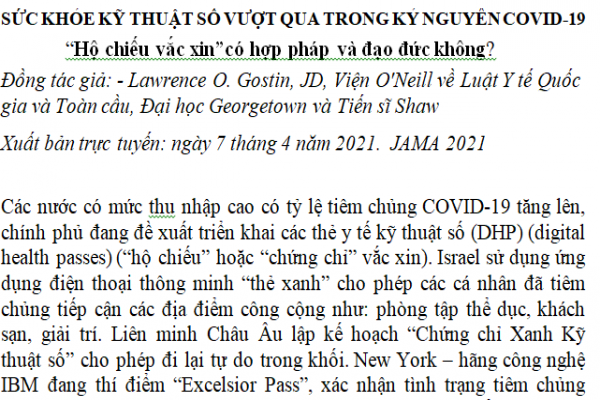 SỨC KHỎE KỸ THUẬT SỐ VƯỢT QUA TRONG KỶ NGUYÊN COVID-19 “Hộ chiếu vắc xin”có hợp pháp và đạo đức không?