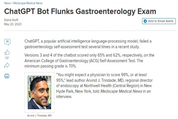 ChatGPT Bot Flunks Gastroenterology Exam